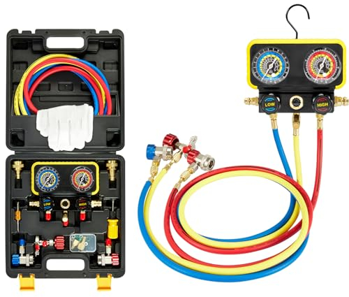 Pindex Manifold Gauge Set für Kältemittel R1234YF R134A R404A, KFZ AC Kältemittel Manometer mit 3x 1,5m Füllschläuche für Auto AC Kältemittelaufladung