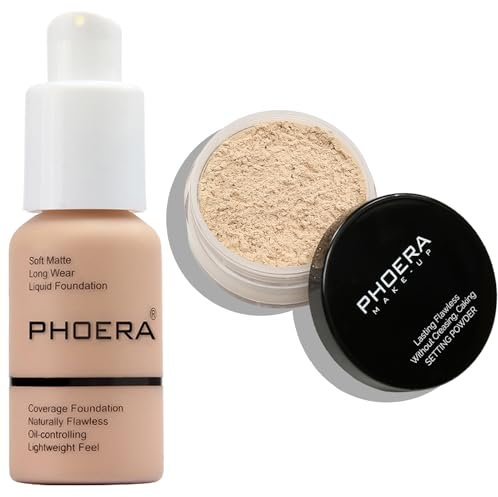 PHOERA Fond de teint, PHOERA poudre pour le visage, poudre fixatrice soft focus, PHOERA fond de teint à couverture complète (103 Warm peach+N.02 Cool Beige)