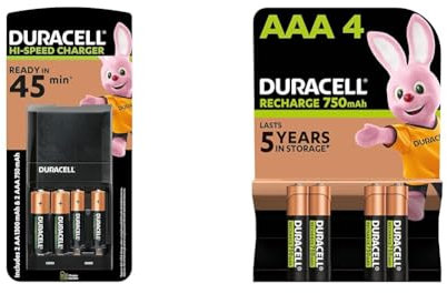 Duracell 45 minutes Battery Charger with 2 AA and 2 AAA & AAA Rechargeable Batteries (Pack of 4), 750 mAh NiMH, 1000 cycles, pre-charged, Long Lasting Power (Packing May Vary)