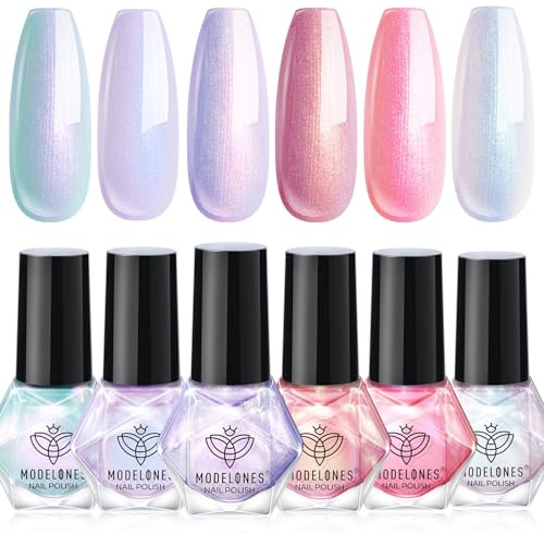 modelones Nagellack Set, 6 Farben Nagellack Schnelltrocknend Rosa Lila Weiß Grün Perle Aurora Sommer Nail Polish Set, Langanhaltender Gel Polish Set für DIY Salon Geschenk Maniküre