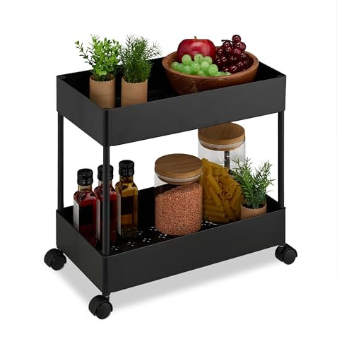 Relaxdays Rollwagen, 2 Etagen, Servierwagen, Küchenwagen, Bad & Büro, Rollregal, HxBxT: 38 x 39,5 x 21,5 cm, schwarz