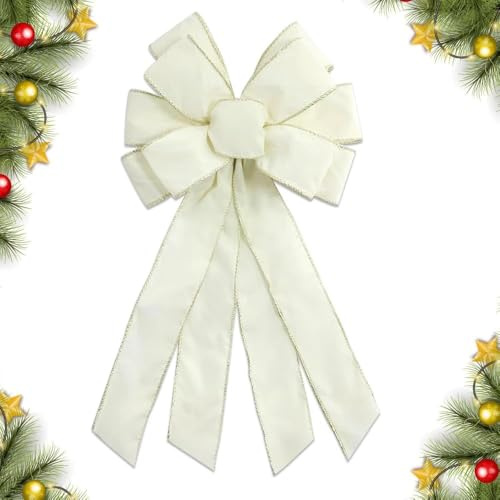 CHMOART Christmas Wreath Bow 20 x 11 Inches Large Christmas Bows Cream Velvet Bow Winter Farmhouse Bow Xmas Tree Topper Ornament Bow for Home Front Door Decorations