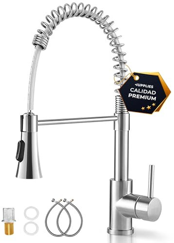 JUPPLIES Grifo Cocina Extraible Profesional – Acero Inoxidable, 360°, Diseño con Resorte, 2 Modos de Agua, Grifo Fregadero Cocina Extraíble, Fácil Instalación, Grifos Cocina Modernos