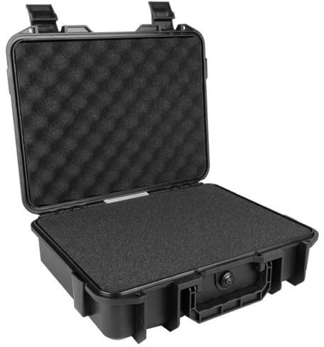 Waterproof Shockproof Hard Case with EVA Foam Insert, Carrying Tool Storage Box with Handle, Safety Lock Hole & Air Valve for Drones, Cameras & Equipment