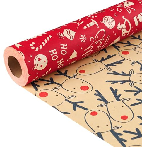 Christmas Wrapping Paper Roll, Xmas Gift Wrap Paper with Double-sided, 43cm*10m Kraft Traditional Santa Present Decorations Accessories for Party Holiday New Year, Vintage Gifts Ornament for His/Her