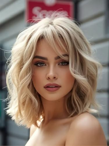 Webshaiy Platinum Blonde Wigs for Women, Short Curly Wavy Layered Bob Wig with Side Bangs, Ready To Go Natural Synthetic Glueless Wig Fringe with Dark Roots
