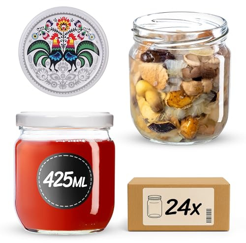 KADAX syltburkar 425 ml, konserveringsburkar med fi82 skruvlock, glas med skruvlock, konservburkar, förvaringsburkar för sylt, sylt, honung (tuppar, 24 stycken)