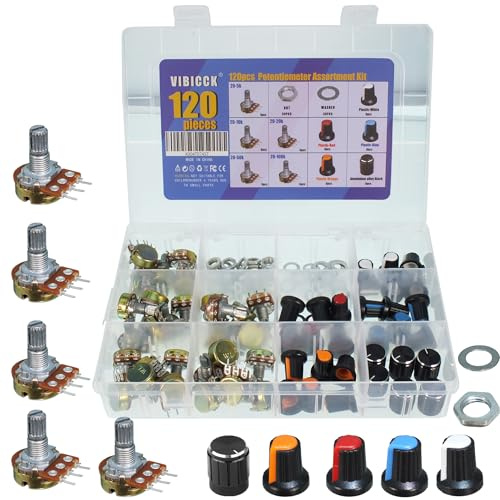 VIBICCK 120pcs WH148 B5K 10K 20K 50K 100K ohm Roller Linear Rotary Cone potentiometers with 5 Types of knob Repair Kits (Plastic + Aluminum 120pcs)
