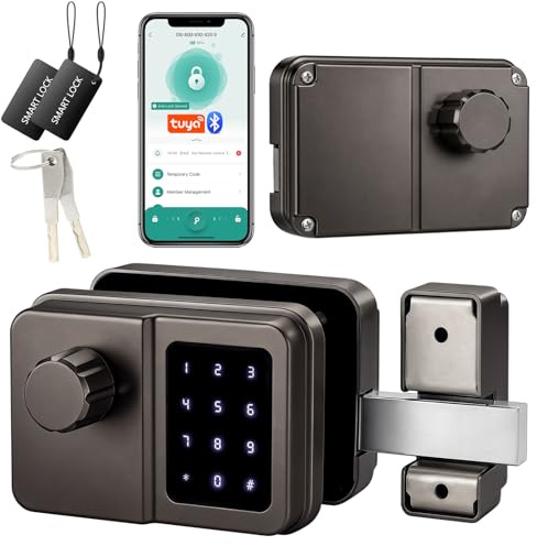 SEPOX Smart Gate Lock, Outdoor Gate Lock for Fence & Garage Door, Electronic Keyless Gate Lock IC Card, Passcode & Mechanical Key, Waterproof Rim Lock for Outdoor Garden Yard (Grey, Single Unit)