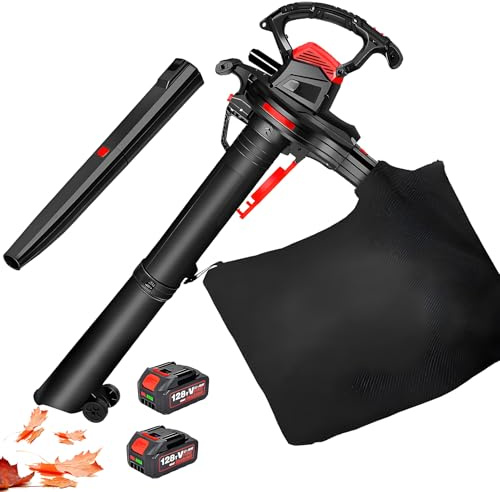 Soplador de hojas inalámbrico y aspiradora, funciona con pilas con 6 velocidades, bolsa de recogida de 40 L, 156 CFM, incluye dos baterías de 4.0 Ah