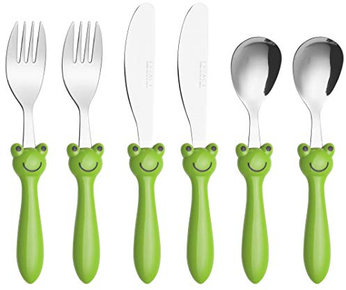 EXZACT Kinderbesteck 6 teiliges Edelstahl - Spülmaschinengeeignet -Kinderbesteckset ab 2 Jahre - 2 x Gabeln, 2 x Sicherheitsmesser, 2 x Esslöffel (Frosch x 6)