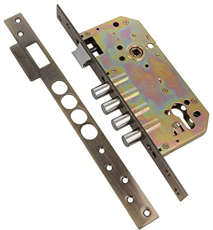 Amig - Cerradura de Embutir Con Bulones para Puertas de Madera Mod. 100-50/85 mm - Con Cilindro y Escudo de Seguridad - Picaporte Reversible - Acero Efecto Cuero