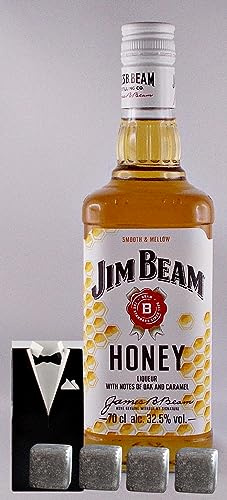 Jim Beam Honey Whiskeylikör + 4 Whisky Kühlsteine im Smoking Genießer Set Männergeschenke Whisky Likör Geschenk idee