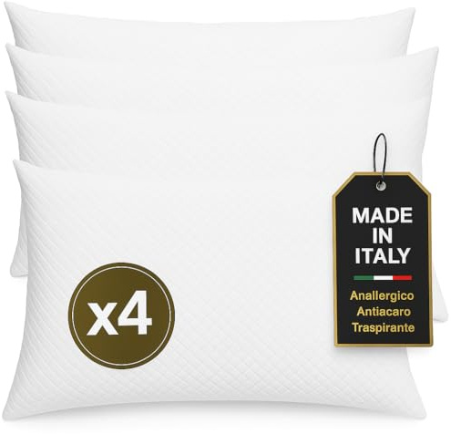 Leonardo - Cuscini Letto 4 PZ di Guanciali 40x70 cm Standard Made in Italy Antiacaro Anallergico Traspirante - Matrimoniale Singolo con Federa in Cotone e Poliestere