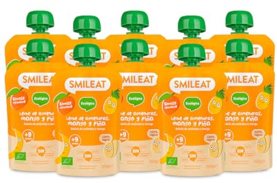 Smileat - Pack de 10 Pouch de Frutas Ecológicas - Sin Sal ni Azúcar Añadido, Sin Gluten - Snack Práctico para Peques - Sabor a Leche de Almendras, Mango y Piña
