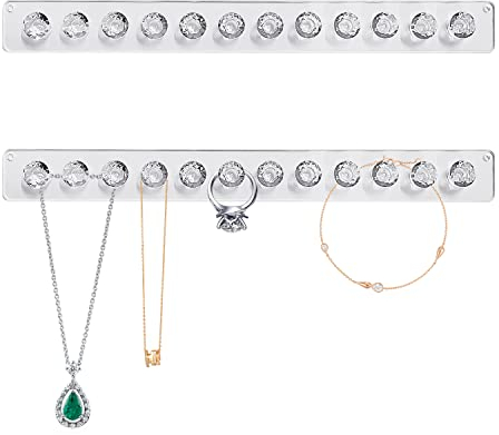 2 Pezzi Porta Collana e Gioielli da Parete in Acrilico - Organizzatore Autoadesivo per Collane, Orecchini - Espositore e Gancio di Stoccaggio per Gioielli