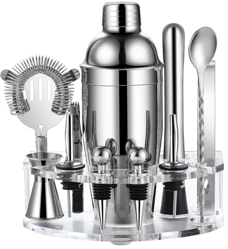 Cocktail Shaker Set mit Acrylständer, 12-teiliges Cocktail Set aus Edelstahl, Professionelles Bar Set Cocktail Zubehör, Geschenke für Frauen Männer Cocktail Liebhaber, Home Essentials Drink Mixer Set