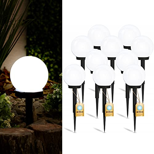 Lumiled 10 Stück Solar Gartenleuchte Solarlampe Solarkugeln für Garten Außen Leuchtkugel Kugel mit Erdspieß Dämmerungssensor Außenleuchte Wegeleuchte Stehleuchte LED IP44 Kaltweiß ∅10