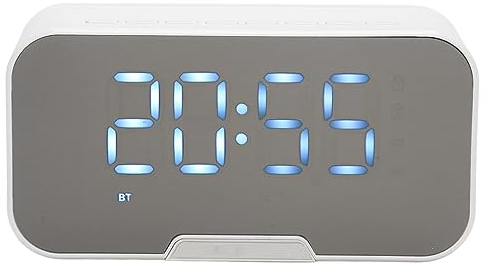 Altavoz Bluetooth con Despertador Digital, Altavoz Despertador con Espejo Multifuncional con Radio FM para Dormitorio Oficina, Pantalla de Temperatura de Soporte Radio FM (Blanco)