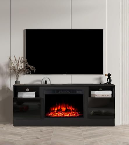 MachenFlame Insérer Une cheminée électrique TV Stand, Centre de Divertissement, Table Console avec LED, Effet Flamme réaliste, écran, Bouton et télécommande, Noir, 65 TV