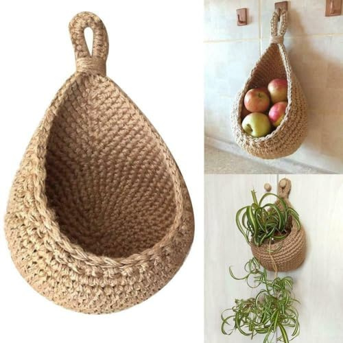 Cestas de frutas colgantes de pared, cesta tejida de yute ecológica, cesta de almacenamiento colgante de cuerda de algodón para cocina, restaurante, hogar (E 27 x 26 x 33 cm)