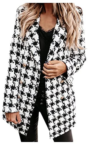 ACemt Blazer Kariert Damen Wolle - Long Blazer Für Damen Kariert, Winter Sakko Wolle Langärmeliger Blazer-Mantel Mode Knielänge Einreiher Coat Freizeit Business Jacke Mit Taschen Knöpfe Revers Mäntel
