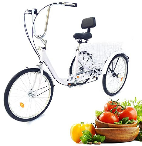 NadineDutol Dreirad Fahrrad Erwachsene,24 Zoll Dreirad Für Erwachsene Senioren 6 Gang 3-Räd-Fahrrad mit Rückenlehne & Korb Fahrradwege und Verschiedene Straßen Geeignet (Weiß)