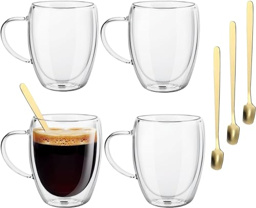 4-pack 350 ml dubbelväggiga kaffekoppar och muggar i glas med henkellsked, värmebeständig, diskmaskinssäker, cappuccino-latte-macchiato-glasburkar, för varma drycker, te, mjölk, juice, is