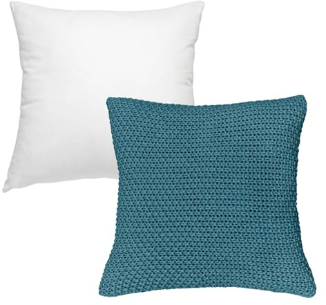 wometo Dekokissen-Set Strick Kissenbezug 45x45 mit Innenkissen und Federkissen Füllung türkis Petrol - Reißverschluss Oeko-TEX Sofakissen warme Kissenhülle mit Strickmuster