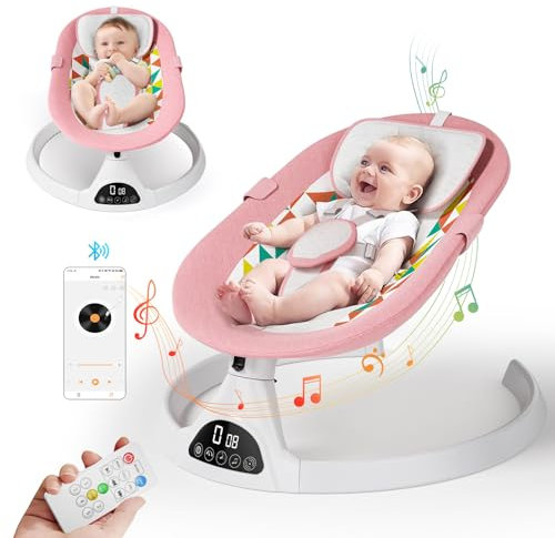 Brolteja Babywippe Elektrisc mit Fernbedienung & Bluetooth,Elektrische Babywippe mit 5 Schaukelstufen, Elektrische Babyschaukel,5-Punkt-Gurt,10 Melodien,nsektennetz,mit 2 Spielzeugen