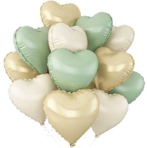 Sage Green Gold Heart Balloons,12Pcs Light Gold Heart Shaped Foil Balloons,18Inch Cream White Helium Polyester Film Balloon for Baby Shower Birthday Anniversary Wedding Party Decorations