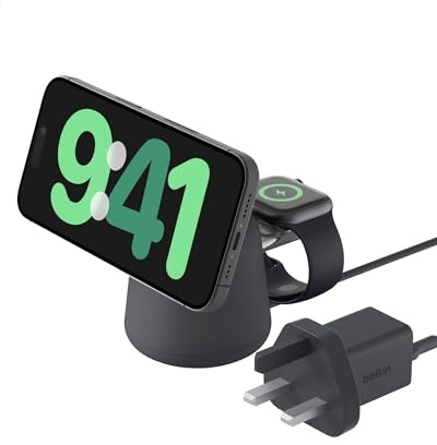 Belkin BoostCharge Pro 2-in-1 Wireless Charger with Qi2 15W, MagSafe-Compatible Charger for iPhone 17, Air, 16, 15, 14 Series, Apple Watch, AirPods & Other Qi2 Enabled Devices, PSU Included - Black