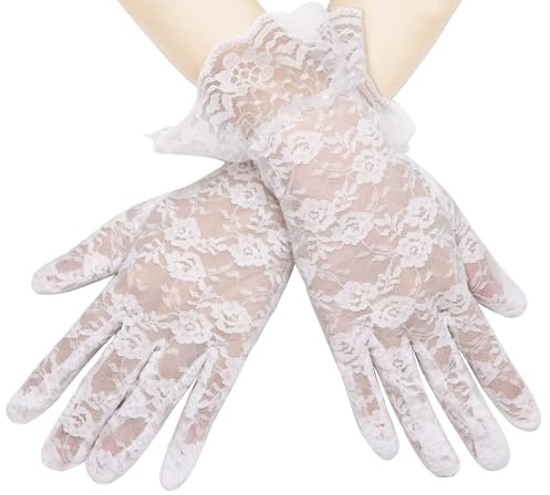 Long Keeper 1 Paio di Guanti Pizzo in Neri Rosso Bianchi Guanti da Sposa Guanti Corti Donna in Pizzo Floreale per Matrimoni Serate Balli di Fine Anno Costume (Bianco, Taglia Unica)
