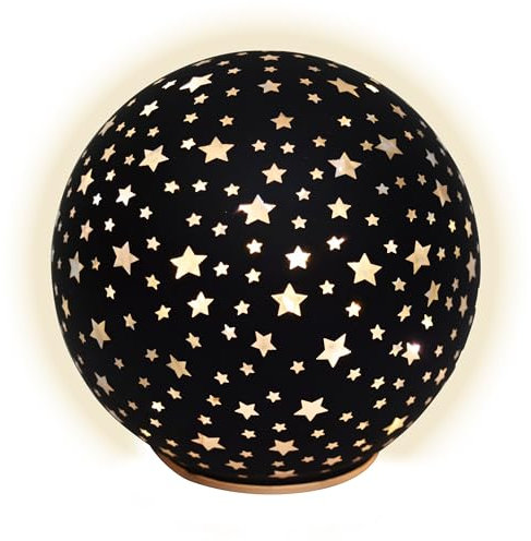 LED Weihnachts Glaskugel Sterne zum Stellen schwarz mit Timer - 15 cm - Dekokugel Aufsteller warm weiß beleuchtet Batterie betrieben - Kugel Advent Winter Stimmungslicht Decoration edel elegant