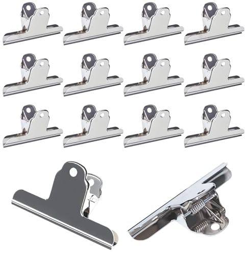 ZHYOPING Lot de 12 grandes pinces en métal en acier inoxydable – 75 mm pour sacs et sacs, pinces Bulldog, pinces et pinces pour porte-bloc-notes, clips en métal pour bureau, cuisine, école et dossiers