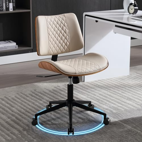 BERYTH Bürostuhl ohne Armlehne Schreibtischstuhl Leder Holz Modern Homeoffice Chair Wippfunktion bis 136 kg Belastbar Höhenverstellbar 360° Drehstuhl für Arbeitszimmer Schlafzimmer Heimbüro Beige