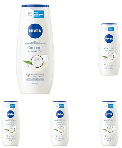 NIVEA Coconut & Jojoba Oil Pflegedusche (250 ml), pH-hautneutrales Duschgel mit natürlichem Jojoba-Öl, feuchtigkeitsspendende Cremedusche mit zartem Kokos-Duft (Packung mit 5)