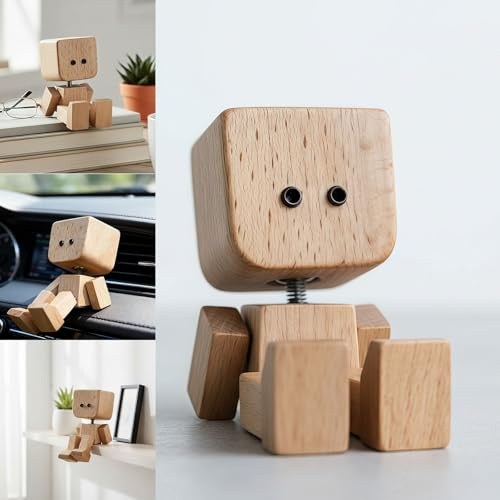 Shaking Wooden Man Figure, Handmade Shaking Feet Wooden Doll for Cars, Funny Wood Desktop Decor, Car Dashboard Decorations for Travel, Creative Gifts（Without Magnetic Expressions ）