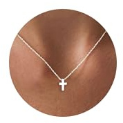 PRTGL Collar Mujer- Chapada en Oro Blanco 14K Mini Cruz Collar con Colgante Mujer Plata