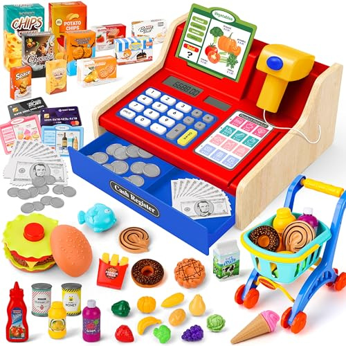 MOMOSTAR Cassa Giocattolo per Bambini, Registratore di Cassa Giocattolo con Scanner Calcolatrice, Supermercato Giocattolo con 66 Accessori, Cassa Giochi d'Imitazione Regalo per Bambini 3 4 5 6 Anni