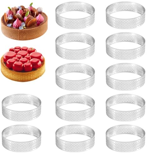 12 Pezzi Anello Microforato Crostata, 6 cm Stampo Crostata Microforato in Acciaio Inox, Antiruggine Riutilizzabili, per Dolci e Pasticceria, Mousse, Mini Pizze, Mini Torte, Muffin, Fai Da Te