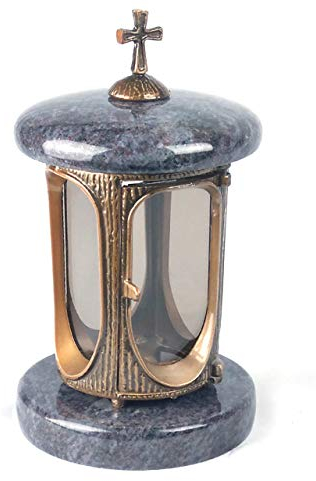 designgrab Tombe Lampe en aluminium messingfarbenem aspect ancien avec croix en aluminium et Granit Orion Blue/Coromandel/Bahama Blue