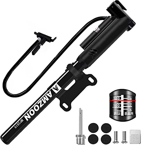 AMZOON Bike Pump Mini Bicycle Pump With Flexible Hose Save Energy & Easy Pumping, Fits Presta & Schrader Valve, Attachment Ball Needle/Frame Mount