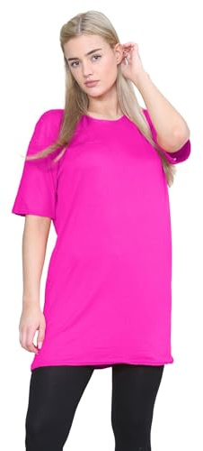 janisramone® Womens Short Sleeve Tunic T Shirts, Round Neck Oversized T Shirts for Women UK, Soft Comfortable Pj Dress, Perfect Summer Longline Ladies Tops Neon Pink