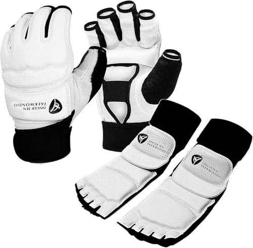 Taekwondo Sparring Gear Gloves Hand and Foot Protectors White Protective Guards Set for Boxing Kickboxing Fit Adult Men Women Kids Training (White,X-Small)