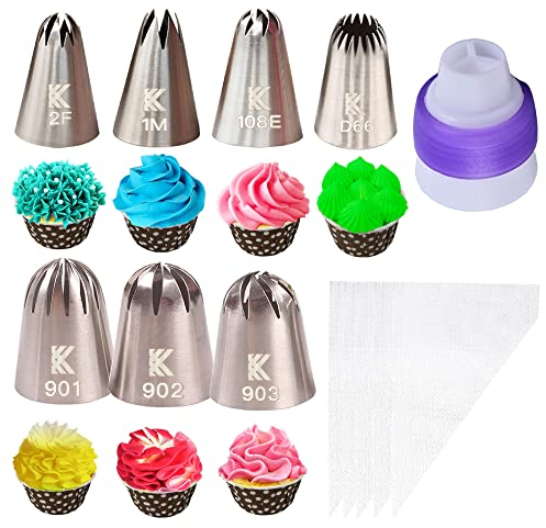 Large and Extra Large Piping Nozzle Set Stainless Steel Tips for Baking and Cake Cupcake Cookie Decorating Icing nozzles for Cakes 2D 1M 4B 1A Drop Flower Stars Shells Tri Coupler