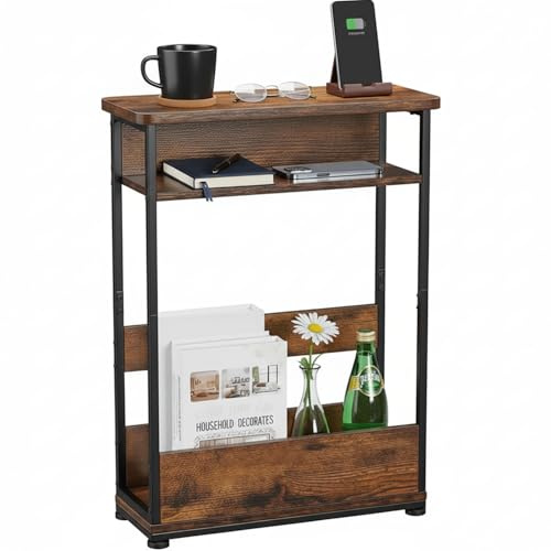 YEAKOO Narrow Side Table with Storage Shelf, 3 Tier Slim End Table for Small Spaces, Narrow Bedside Table, Small Nightstand with Magazine Rack 46x18x62.5cm