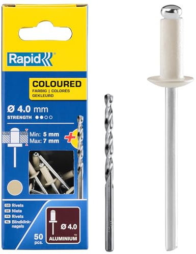 RAPID - Rivets Pop en Aluminium Ø4 x 10 mm, Revêtement Blanc Crème, Rivets Aveugles pour Gouttières / Tuyaux / Tôle - Foret Inclus - 50 Pièces, Emballage Carton (5001464)