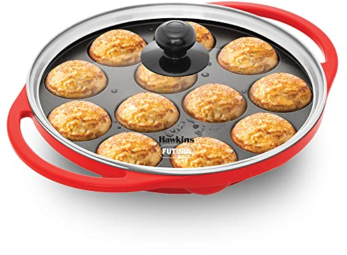 HAWKINS Futura Pan-NAPE26G Appe, couvercle en verre antiadhésif, céramique Paniyarakkal, Litti, Kuzhi Paniyaram, Ponganalu, 26 cm, rouge