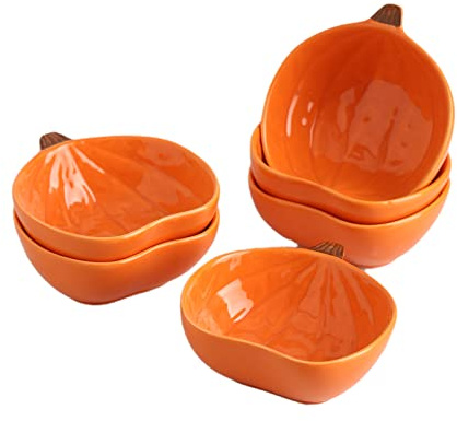 Yeexoxow Ramekins Juego de 6 moldes de cerámica para horno (6 onzas), para hornear creme brulee, soufflé, pudín, cuencos pequeños en forma de calabaza para servir inmersión, salsa, condimentos y